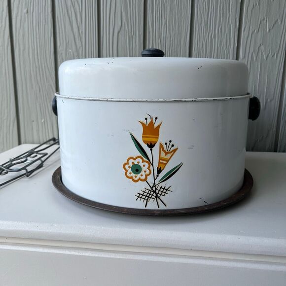 VTG 1950s Tin Cake & Pie Carrier Mid Century Kitchenware Floral Design - Picture 6 of 10